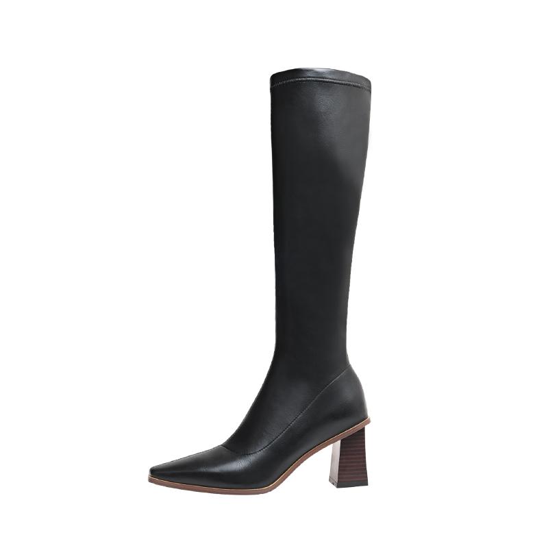 

LMYOM Brand Genuine Leather High Boots Mid Heel Stretch Boots Knight Large Size34-43 Thin Non-knee Black and White