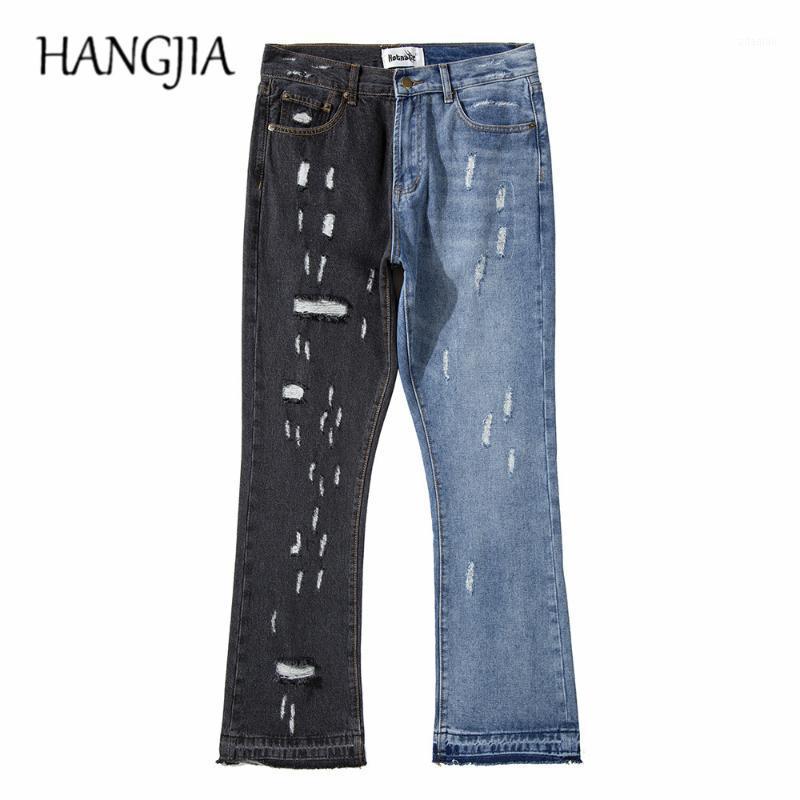 

Swag Patchwork Flare Jeans Streetwear Hip Hop Wide Leg Jeans Ripped Men Black Blue Colorblocked Denim for Men 20201
