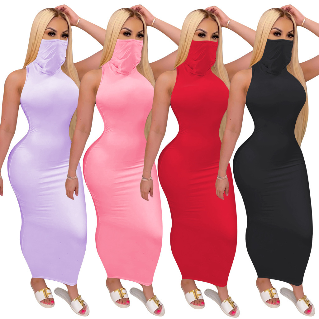

2020 summer womens solid color mask conjoined dress nightclub dress S-2XL Long T-shirt Dresses Sleeveless Bodycon Dresses DHL Free, Black;gray
