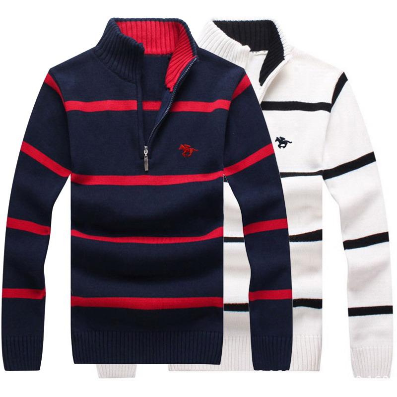 

Winter Pullover Embroidered Logo Men's Sweater100% Cotton Half Zipper Sweater Warm Stand Collar Striped Fit Sweater 8502, White