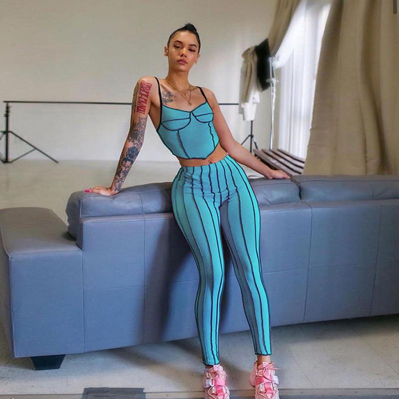 

2020 New Yoga Set Women Patchwork Stripe Sports Vest & Leggings Outfit Tight Fitness Sportswear Workout Fitness Sports Suit, Blue