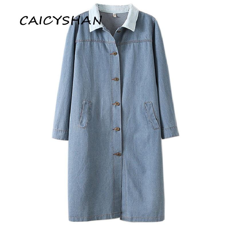 

New Autumn Women Trench Coat Plus Size Casual Solid Turn-Down Collar Single Breasted MD-Long Jeans Coat For Women Denim Trench, Blue