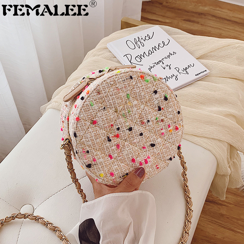 

Girls Winter Knitting Mini Round Bags High Quality Tweed Leather Shoulder Bag Fashion Embroidery Plaid Leisure Messenger Handbag Q1208, Pink