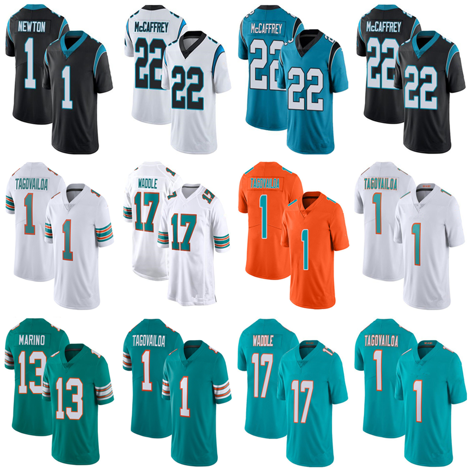 

CAR 22 Christian McCaffrey Mens 1 Cam Newton 17 Jaylen Waddle Football Jersey 1 Tua Tagovailoa Panther 13 Dan Marino Blue White Aqua Stitched Jerseys, Shown