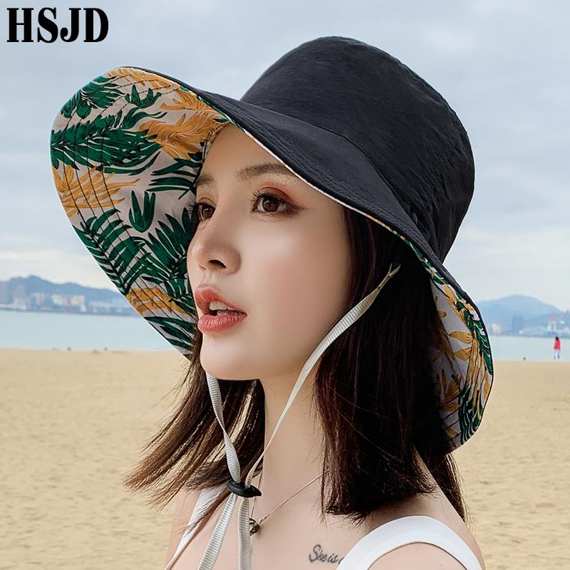 

New Flower Print Double-Sided Sun Hats Wide Brim Foldable Women Summer Caps Anti-UV Panama Floppy Beach Hat Sunscreen Female Cap, Black