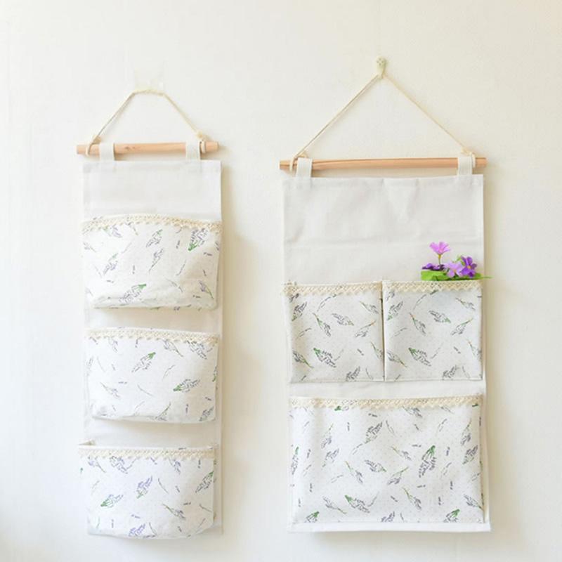 

Cotton Linen Fresh Print Hanging Storage Bag 3 Pockets Wall Mounted Wardrobe Hang Bag Wall Pouch Cosmetic Toys Organizer, Three small pockets