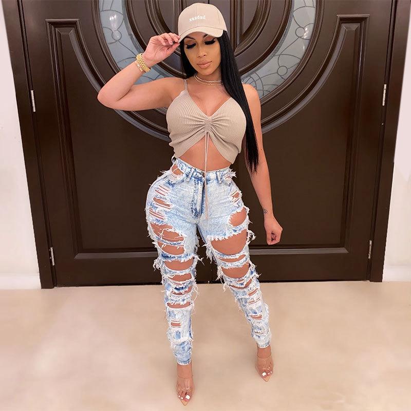 

Hollwo Out Cut Ripped Jeans Women 2020 Street Style Sexy High Waist Distressed Trouser Stretch Skinny Hole Denim Pencil Pants, Blue