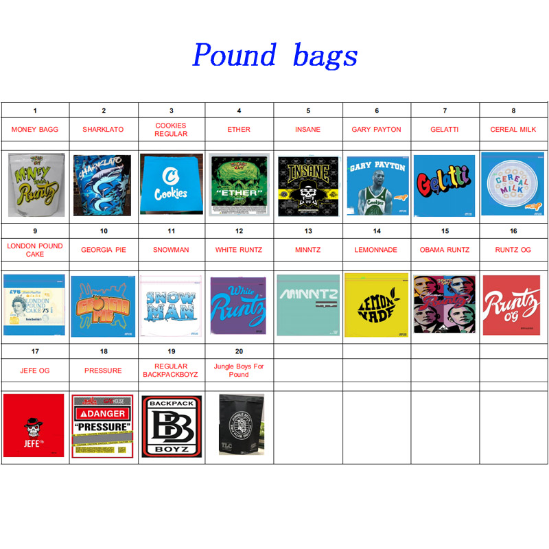 

20 kinds of 24oz Cookies Lemonade Runtz LB bags Gary payton London pound cake White runtz Minntz Jefe Backpack boyz 420 one pound bags