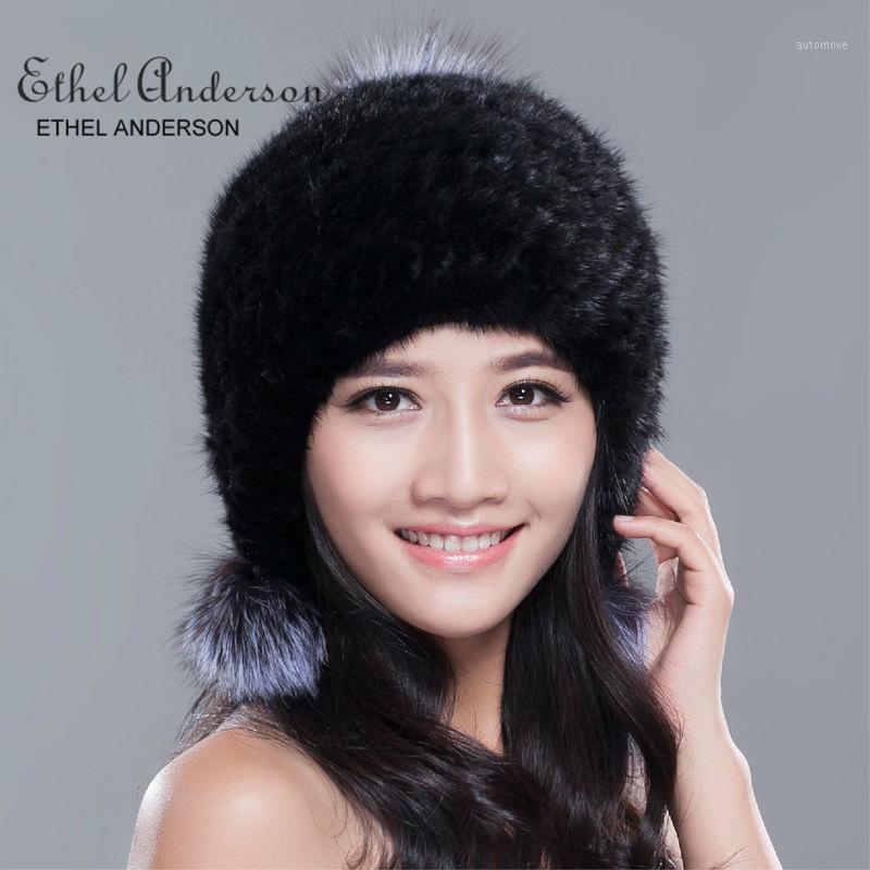 

ETHEL ANDERSON Russia winter hats for women genuine hat with silver fur pompom lady's fashion high-end female cap1, Black