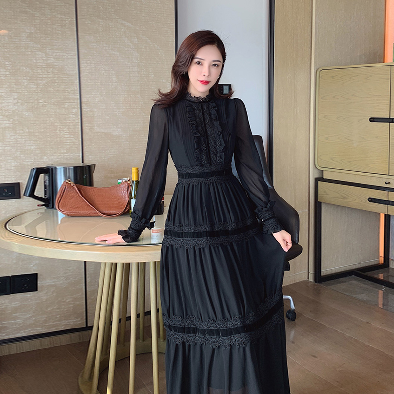 

New Elegant Long Woman Flashlight Dapper Chiffon Shredded Track Clothed Lady Party Dress Female Spring 2021 Domd, Black