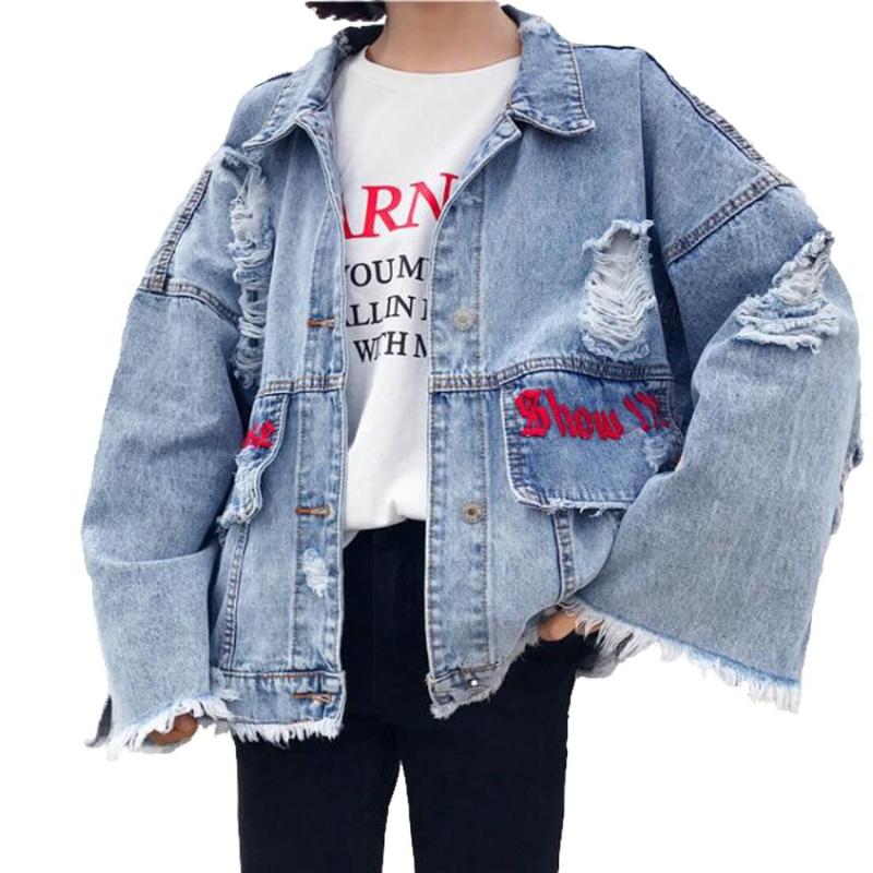 

2020 new spring autumn winter Loose fashion popular ripped women denim Jacket baggy ladies female jean Jacket Cheap wholesale, Sky blue