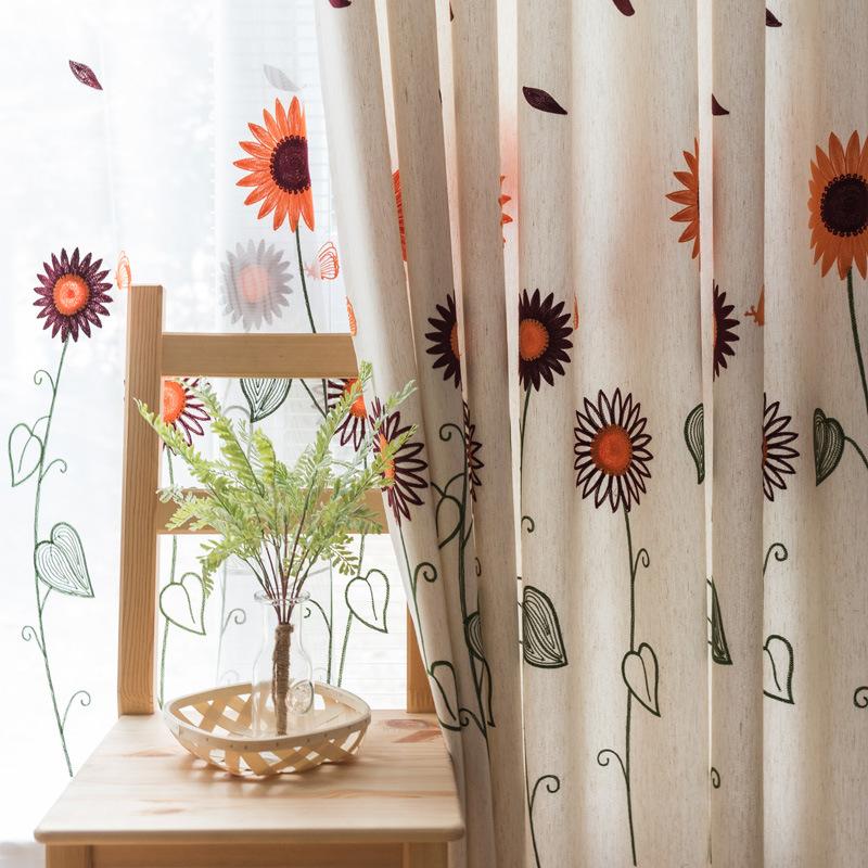 

Pastoral embroidery sunflower bedroom blackout curtains, living room balcony matching window screens can be customizedX-M056&40, Tulle