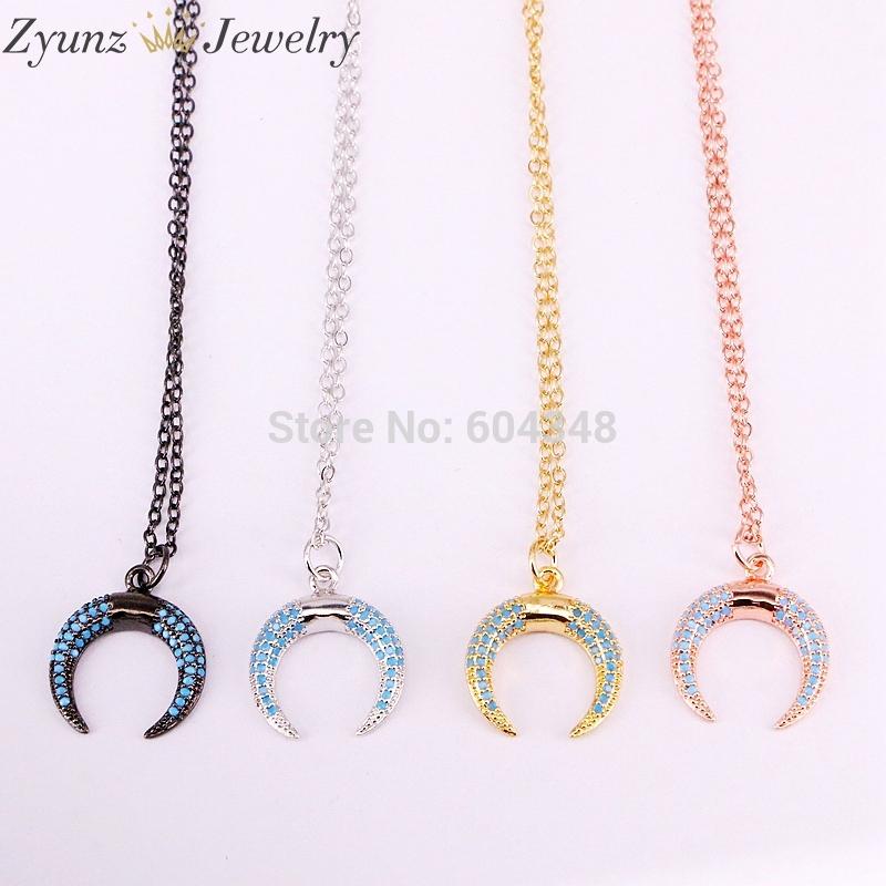 

10PCS ZYZ333-5619 Mix color Brass micro pave blue stones crescent moon/ double horn pendant fashion necklace