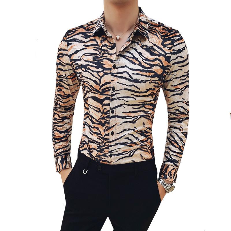 

Gold Velvet Leopard print Shirts Men Autumn Winter Thick Warm Dress Shirt Long Sleeve All Match Slim Fit Club Prom Tuxedo 4XL, Tu se