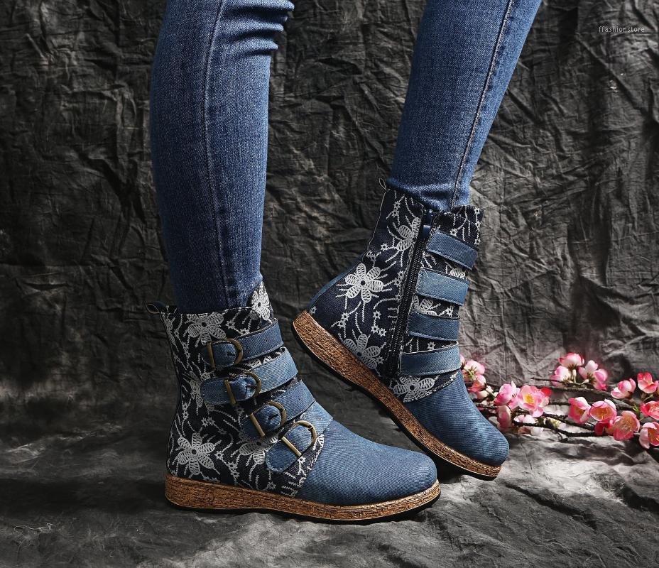 

Large size ladies embroidered ethnic style short boot multicolor floral flat bottom knight boots fashion retro winter women boot1, Blue