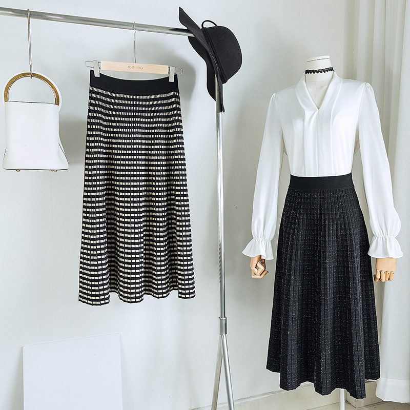 

2021 New Sherhure Autumn Knitted Long Skirts Faldas High Waist Plaid Thick Jupe Femme Saia Women A-line Pleated Skirt 45y9, Black
