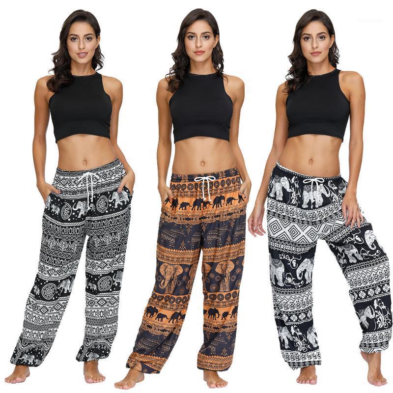 

JIGERJOGER Orange black white elephant Thai' boho pant women' drawstring strappy pant sports yoga pants lounge knickerbockers1