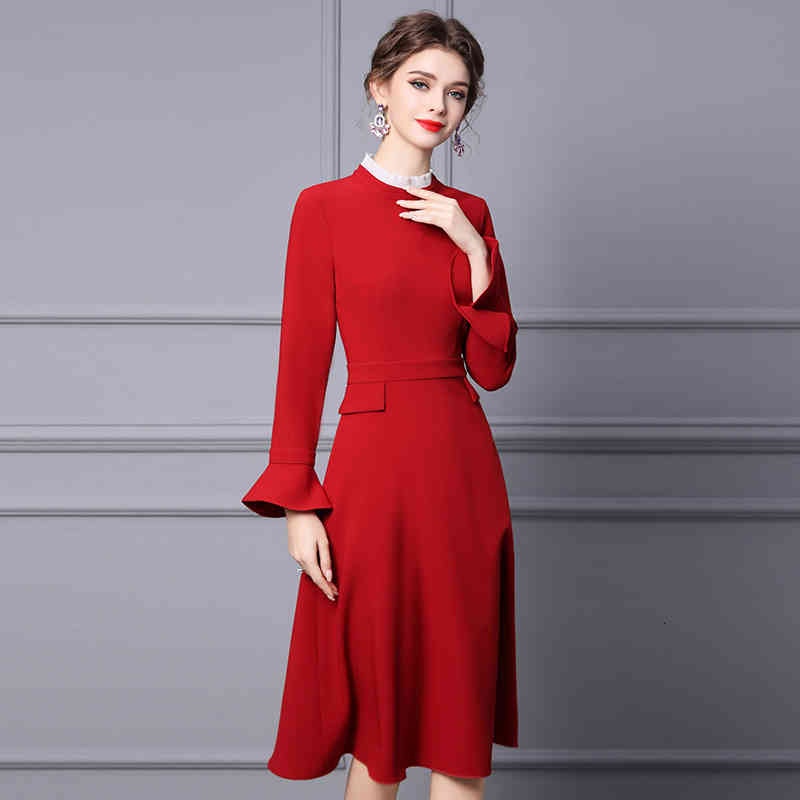 

Casual Dresses Zhili dress beautiful red gentle wind small trumpet sleeve annual meeting A-line skirt 3X7F