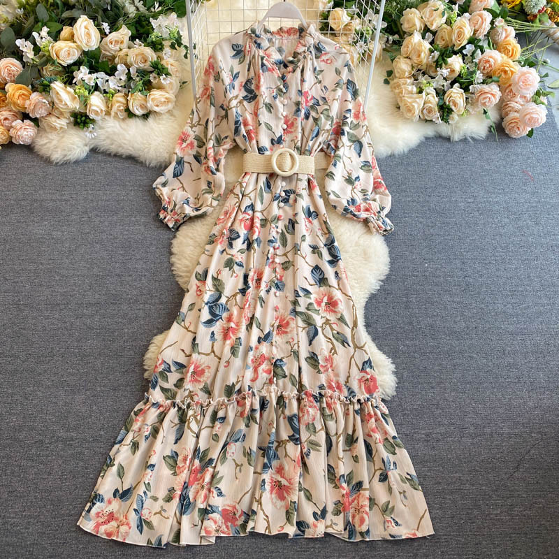 

2021 New Fashion Holiday Style Printed Chiffon Long Sweet Frilly Bubble Collar Sleeve Belt Elegant Dress a Line Dressed BOT8, Multi