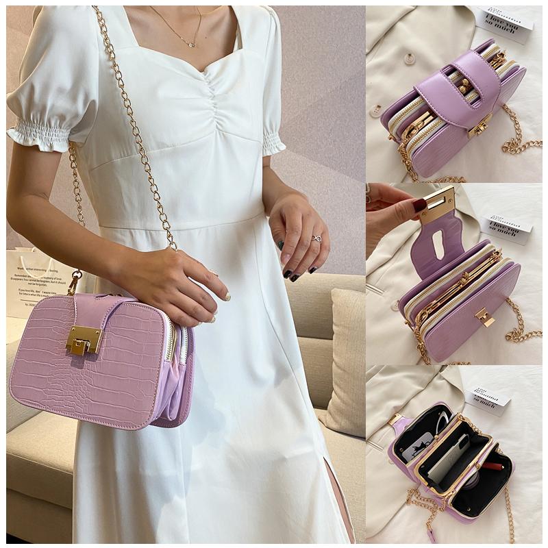 

OLSITTI Fashion Pu Leather Chain Shoulder Bags for Women 2021 New Stone Pattern Crossbody Multiple Compartments Small Square Bag, Black