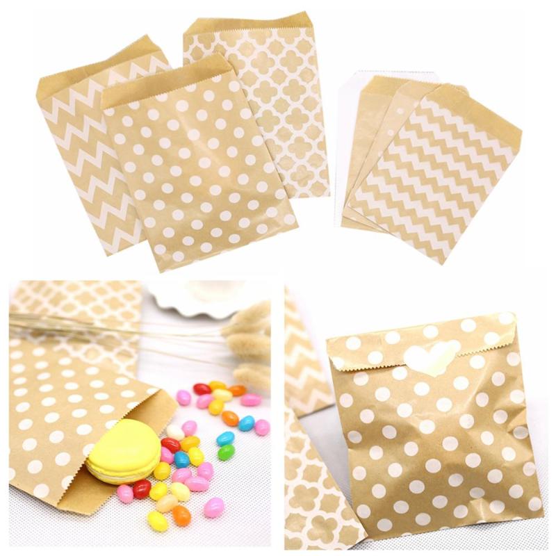 

Kraft Paper Bag Candy Biscuit Popcorn Bag Brown White Wave Dot Packing Pouch Pastry Tool Wrapping Wedding Party Supplies 10pcs