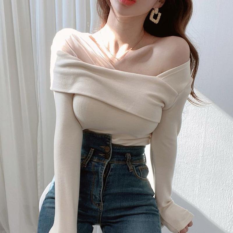 

Women's Sweaters Autumn Slim Korean Chic Temperament Sexy Long Sleeve Mesh Irregular Sweater Women Thin Off The Shoulder Knit Tops Pull Shir, White;black