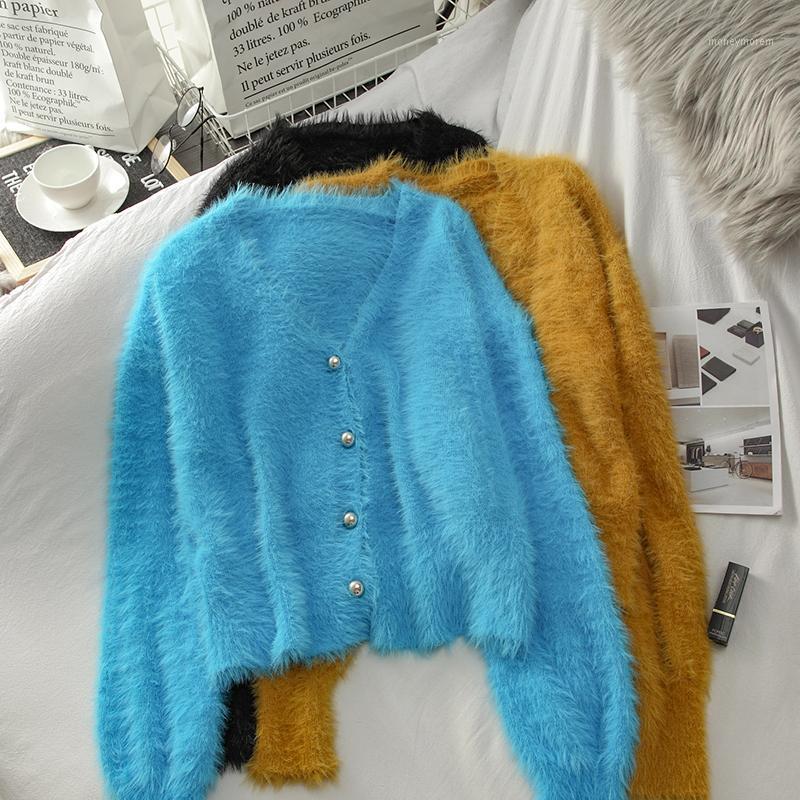 

Niche Design Plush Loose Knitted Cardigan Long-Sleeved Sweater for Women Short Winter V-neck Outerwear Trendy Top1, Black