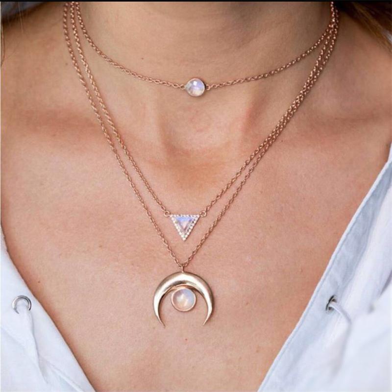 

Women Girls Multi-Layer Sun opal Pendant Necklace Fashionable Chain Choker Necklace
