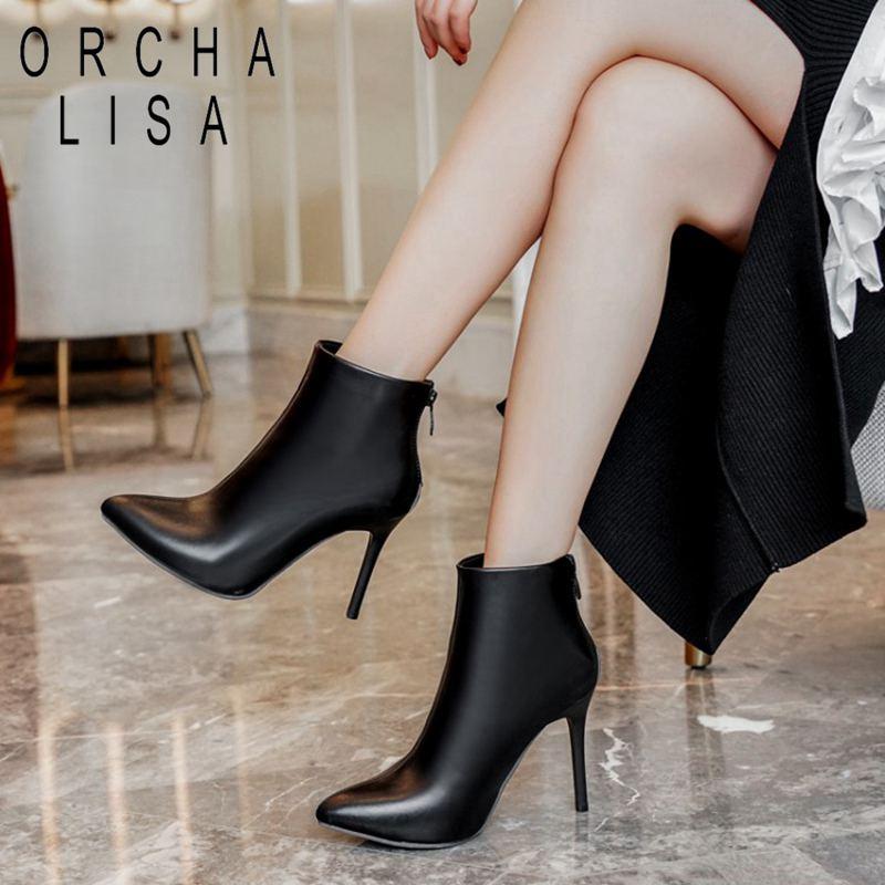 

ORCHA LISA fashion stiletto Ankle boots women Pointed toe 10cm high heel Zipper party wedding shoes women big size Sexy Booties, Balck velvet inside