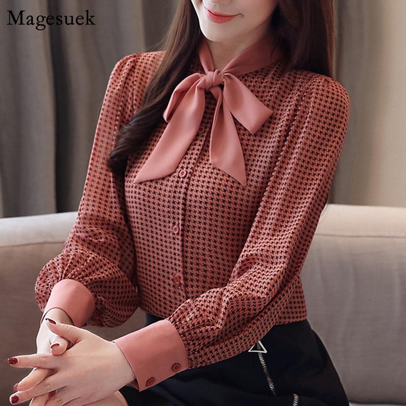 

2020 Autumn New Women Tops And Blouses Long Sleeve Slim Women Shirts Casual Bow Plaid Chiffon Blouse Blusas Mujer 2413 50, Black