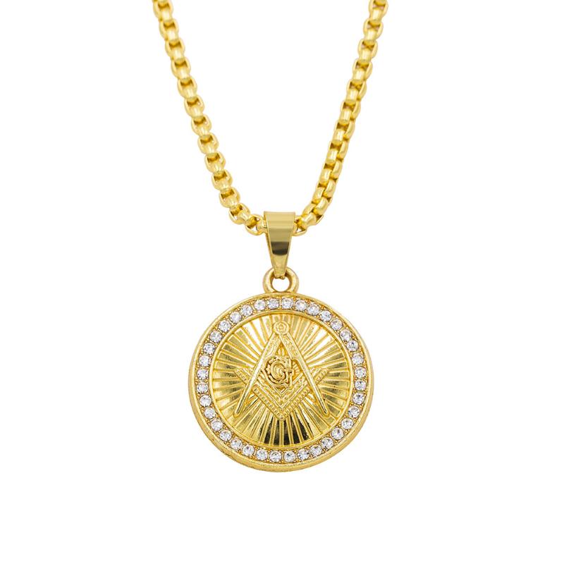 

Fashion Gold Men's Necklace Round Pendant Masonic 24Inch Box Chain Freemason Necklaces Male Punk Jewelry