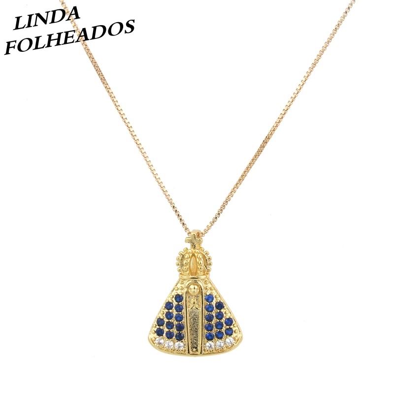 

New Designed Handmade Gold Copper Blue Cubic Zirconia Religious Party Jewelry for Women Unique Pendant Necklace Gift