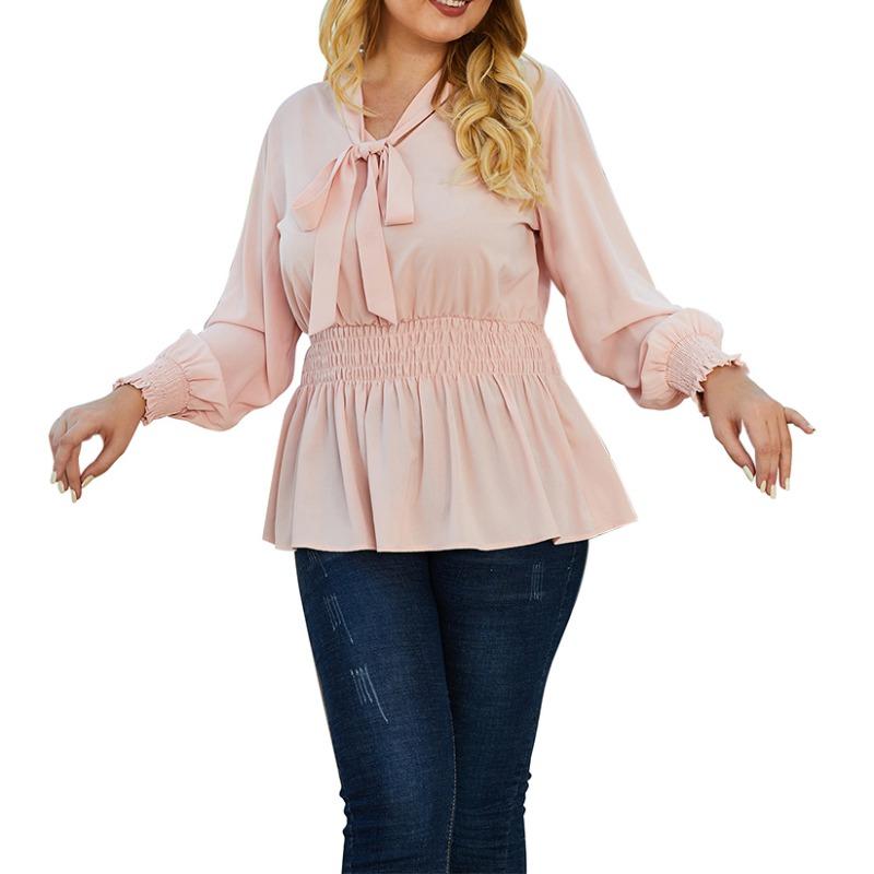 

Plus Size Autumn Long Sleeve Lady Blouse Fashion Women Loose Long Bow-knot Waisted Shirts