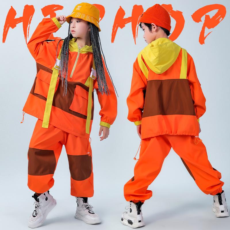 

Hip Hop Costume Kids Loose Street Dance Outfits Orange Suit Girls Hooded Tops Hiphop Pants Boys Stage Performance Wear DNV14014, 2 pcs