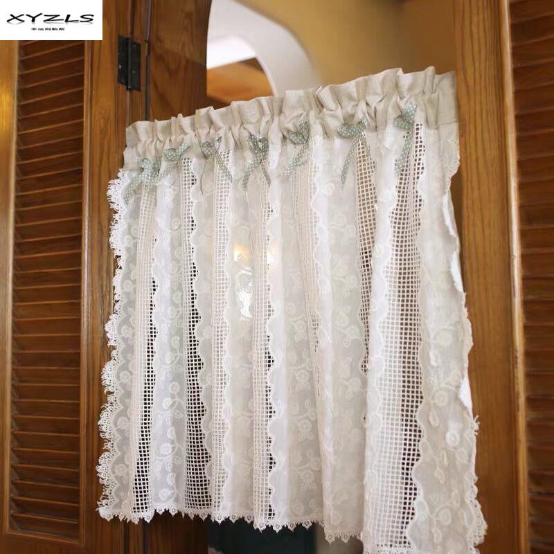 

XYZLS Short Curtain For Kitchen Door Half Curtains American Style White Lace Hollow-Out Thin Curtain, As pic