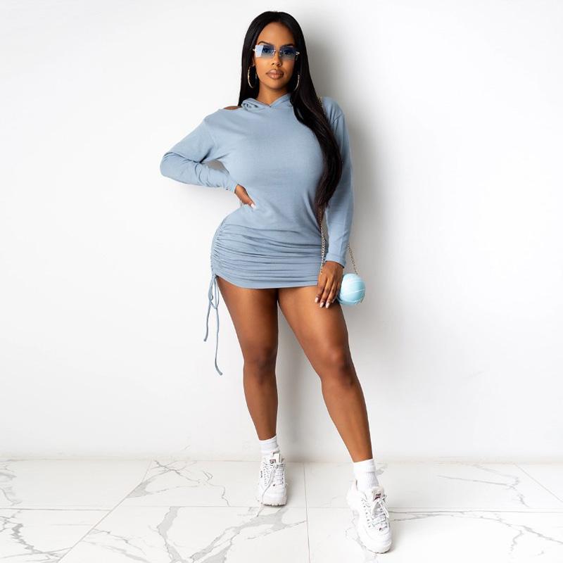 

secret 2020 Long Sleeve Hooded Ruched Bandage Sexy Mini Dress Autumn Winter Women Fashion Streetwear Pure Outfits AG30031, Black