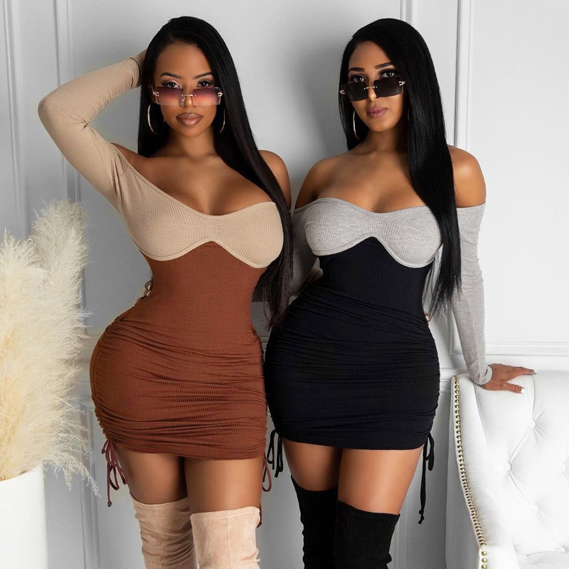 

2021 New Spring Fall Long Women' Dresses Thin Fashion Strain Sexy Party Dress Off Shoulder High Street Clothes 8QSZ, Brown