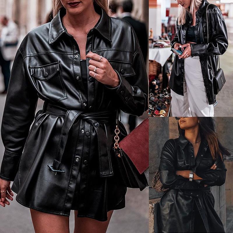 

2020 Spring PU Leather Long Length Jacket Loose Long Sleeve Double Chest Pocket with Belt Black Women Jacket1