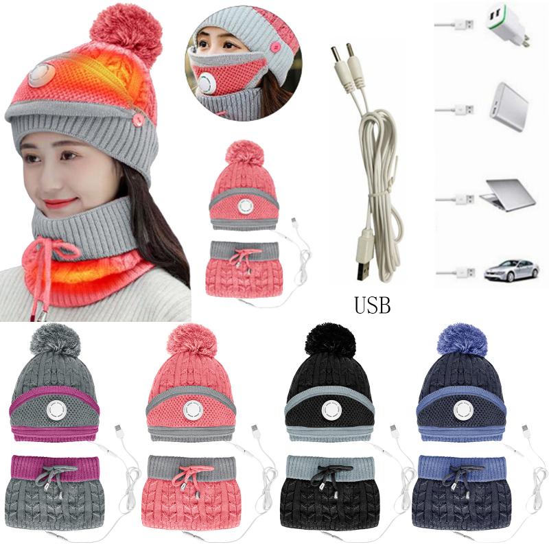 

40# 3pcs Women Usb Heating Scarf Sets Caps Winter Collar Face Protection Girls Accessory Women Ball Scarf Balaclava Knitted Hat, Black