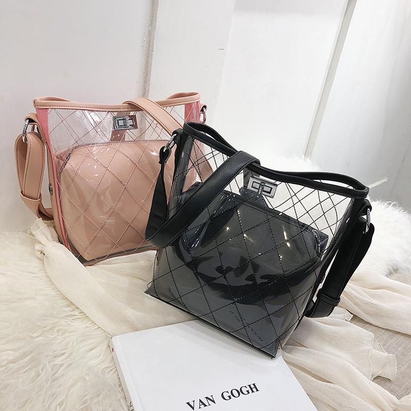 

2021 Fashion Design Women Shoulder Messenger Bag Lady Crossbody Leather Handbag Female Transparent Lozenge Prom Composite Bags, Black