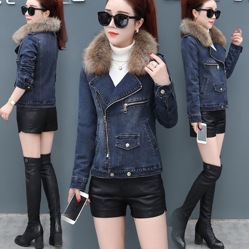 

Winter Fur Collar Denim Jackets Plus Velvet Warm Parka Outerwear Women Cashmere Cotton Coat Girl Fashion Jacket Female, Black;brown