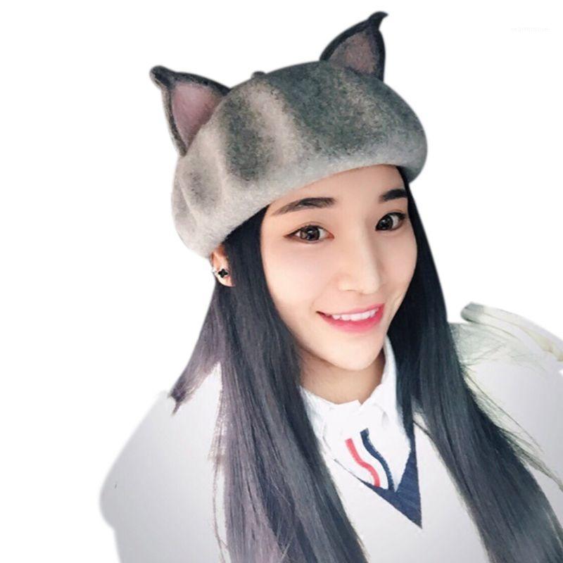 

Women Girls Retro Beret Cap Cute 3D Cat Pointed Ears Faux Felt Painter Hat U90E1