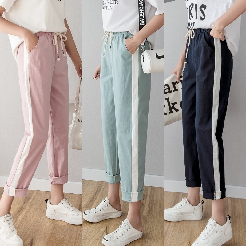 

Women Pencil Pants Casual Harajuku Ankle Length Trousers Summer Autumn Plus Size Solid Elastic Waist Cotton Linen Pants Black 201031, White
