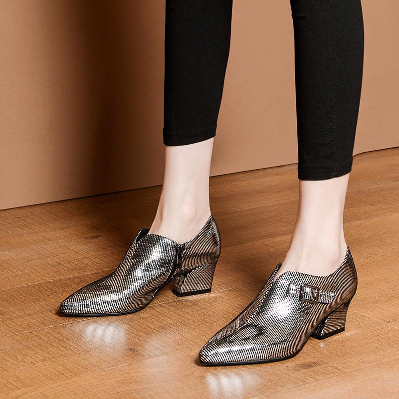 

Nightclub sexy pointed toe genuine leather pumps fashion plaid buckle zipper glitter silver blue chunky medium with women's shoe