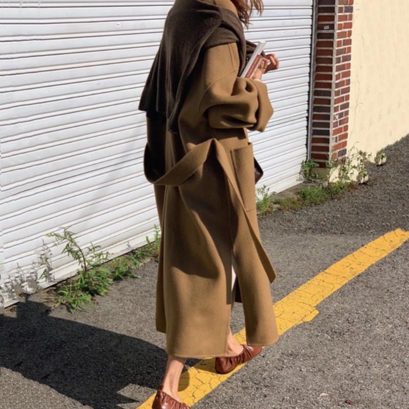 

Women Winter Camel Color Vintage Loose Super Long Wool Coat Jacket Split Hem Woolen Overcoat with Belt Outerwear Cardigan, Black