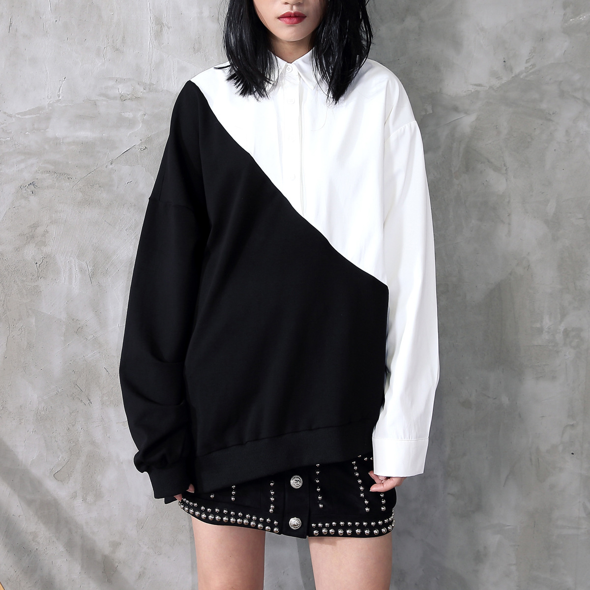 

New Street Personality Cotton Blouse of Women Cut Loose Hoodie Ragged Shirts Sleeves High Party Tops 9k4c, Picture color