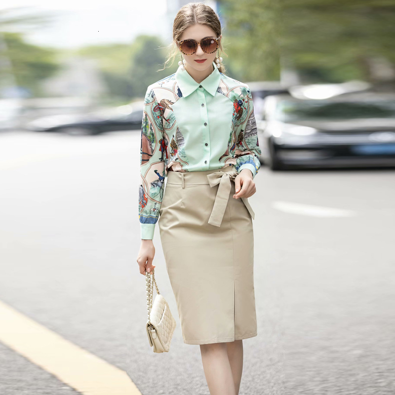 

Bohemia Elegant Temperament Printing Long Sleeve Flowers Single Breasted Shirt Division Female Skirt Suit of Two New Parts P44x, Multiple