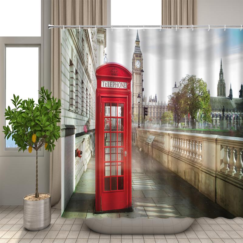 

Shower Curtains Retro London Telephone Booth Bathroom Curtain Big Ben Red Scenery Waterproof Polyester Fabric For Art Bathtub Home Decor
