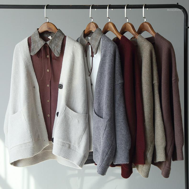 

Simple style women's dress loose Korean pure color large pocket V-neck single-row button long-sleeved sweater1, Red