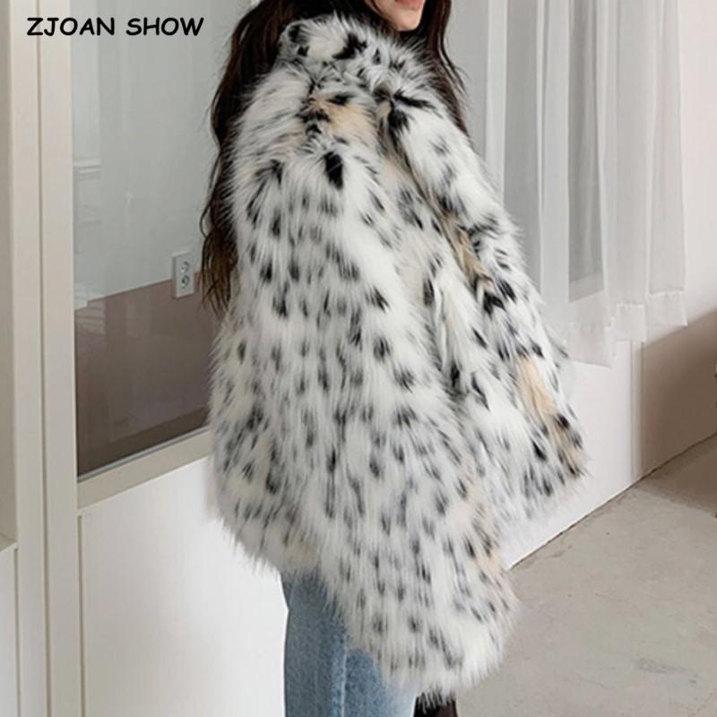 

HIGH QUALITY Winter Notched Collar Hairy Shaggy Tuscan Cat Leopard Fur Jacket Long sleeve Furry Fur Women Jacket Short Outerwear, White